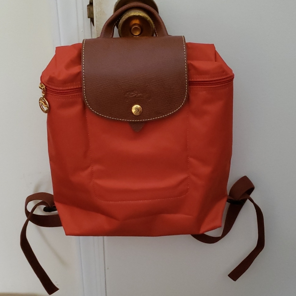 Longchamp Small Red Nylon Le Pliage Backpack with Brown Trim